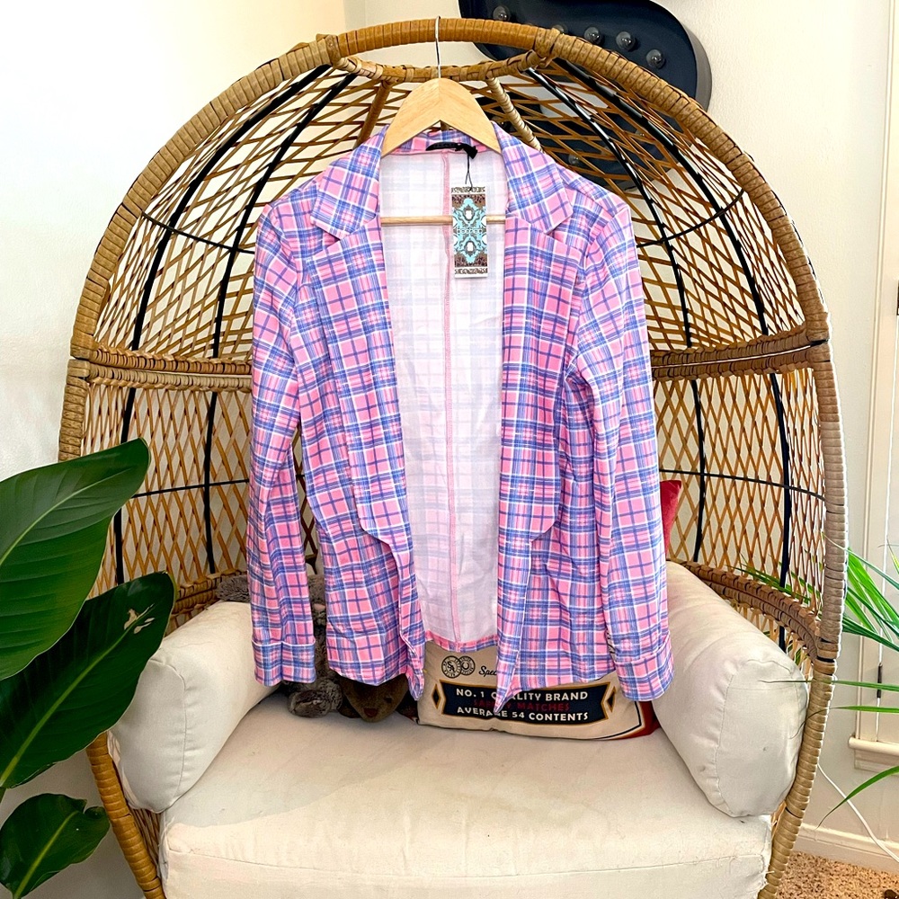 Boohoo Pink and Purple Plaid Blazer